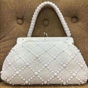 Vintage Inspired White Beaded Satchel Handbag